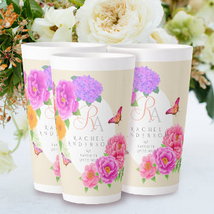 Tasse Latte Romantique Monogramme Peonies Jardin Beige