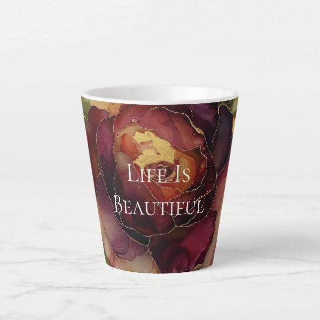 Tasse Latte Romantique Rouge Bourgogne Rose Or Floral (Devant)