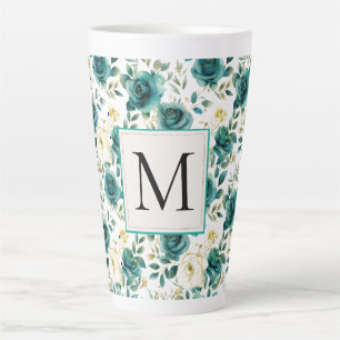 Tasse Latte Romantique Turquoise Green Creme Rose Floral Monog