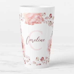 Tasse Latte Rose d'aquarelle Wreath personnalisée BLANCHE