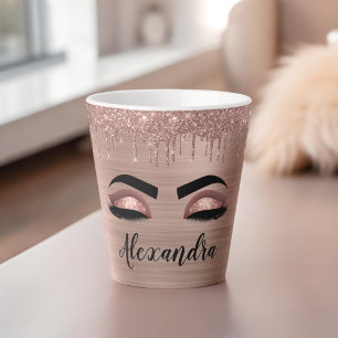 Tasse Latte Rose Gold Glitter Sparkle Eyelashes Monogram