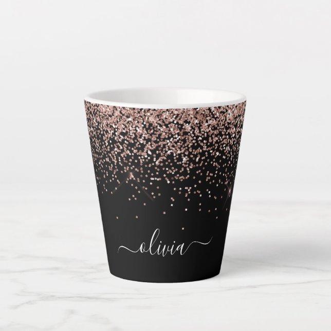 Tasse Latte Rose Gold Rose Pâle Pailleté Monogramme Script Fém (Devant)