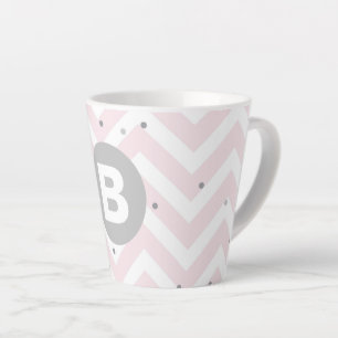 Tasse Latte Rose pastel chevron et monogramme gris points