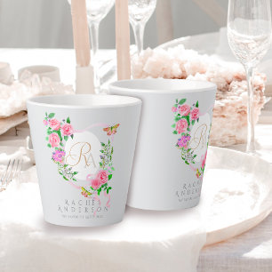 Tasse Latte Rose Ruban Chic Monogramme Latte Gris