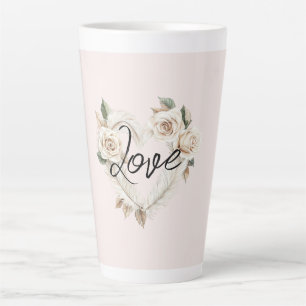 Tasse Latte Roses Fines Plumes Cœur Amour Rouge Romantique