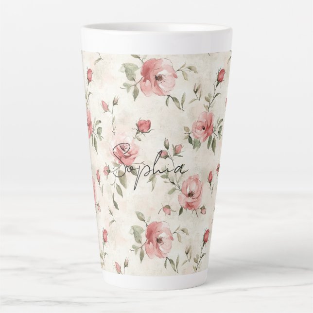 Tasse Latte Roses Fleurs Roses Foncees Ivoire   (Devant)