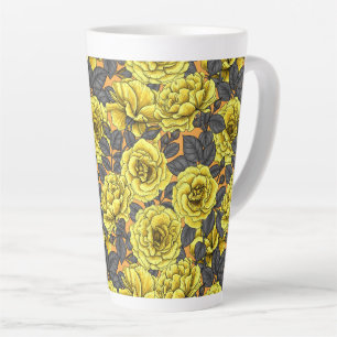 Tasse Latte Roses jaunes avec feuilles gris sur orange