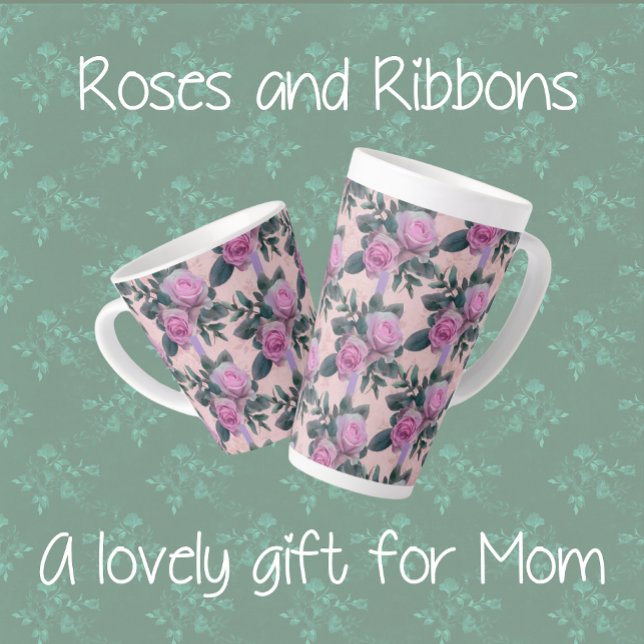 Tasse Latte Roses roses lavande Rubans (Latte mugs in 2 sizes)