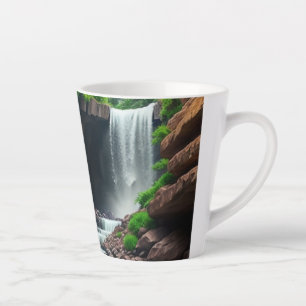 Tasse Latte Roses rouges fantaisistes devant une cascade 