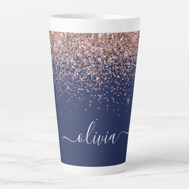 Tasse Latte Rouge Navy Or Rose Pailleté Monogramme Rose Foncé (Devant)