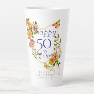 Tasse Latte Ruban de rose dorée 50e anniversaire