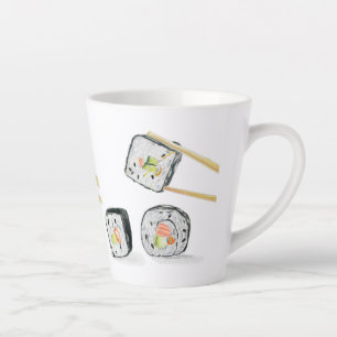 Tasse Latte Saumon Sushi Rolls Avec Baguettes