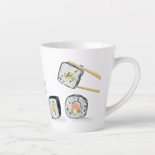Tasse Latte Saumon Sushi Rolls Avec Baguettes (Droite)