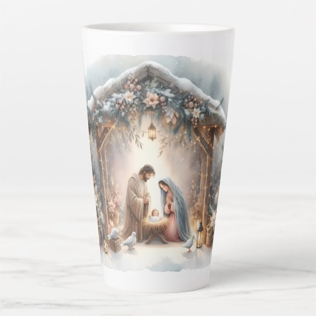 Tasse Latte Scène de la Nativité rustique avec fleurs d'hiver (Devant)