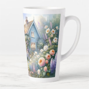 Tasse Latte Scène florale de maison bleue de jardin de campagn