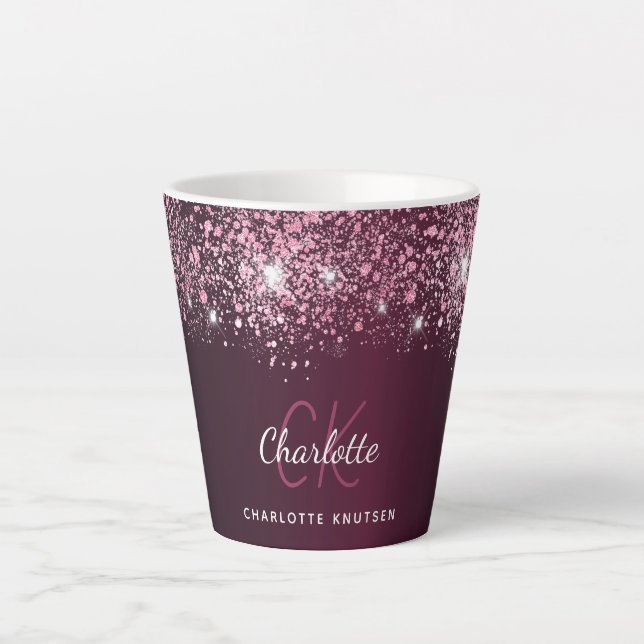 Tasse Latte Script de nom de parties scintillant rose bordeaux (Devant)