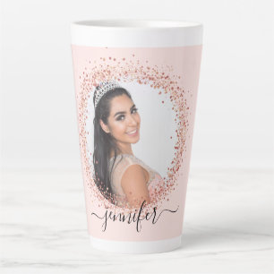 Tasse Latte Script de nom de photo en or bleu rose