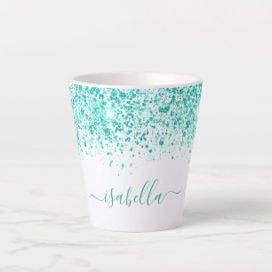 Tasse Latte Script de nom vert de mer de parties scintillant t