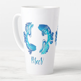 Tasse Latte Signe zodiacal Poissons lumière vive bleu pailleté