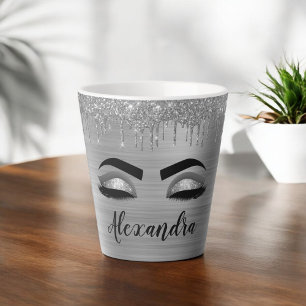 Tasse Latte Silver Glitter Sparkle Eyelashes Monogram