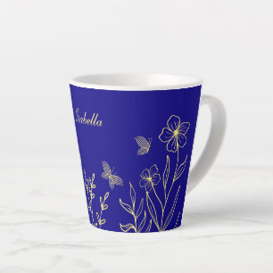 Tasse Latte Simple élégant fleurs dorées bleu royal