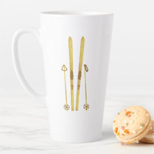 Tasse Latte Skis Et Poles D'Or Retro Ski Illustration