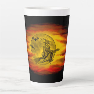 Tasse Latte Sorcière volante avec chat noir, nuit halloween