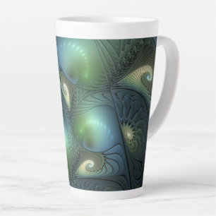 Tasse Latte Spirales Turquoise Beige Vert Abstrait Fractal Art