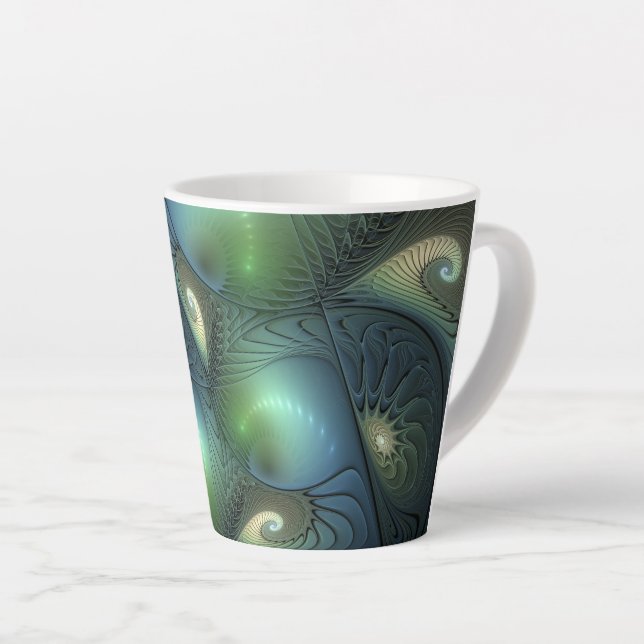 Tasse Latte Spirales Turquoise Beige Vert Abstrait Fractal Art (Angle droit)