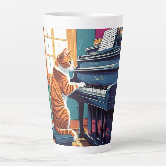 Tasse Latte Tabby Cat Jouer au piano (Devant)