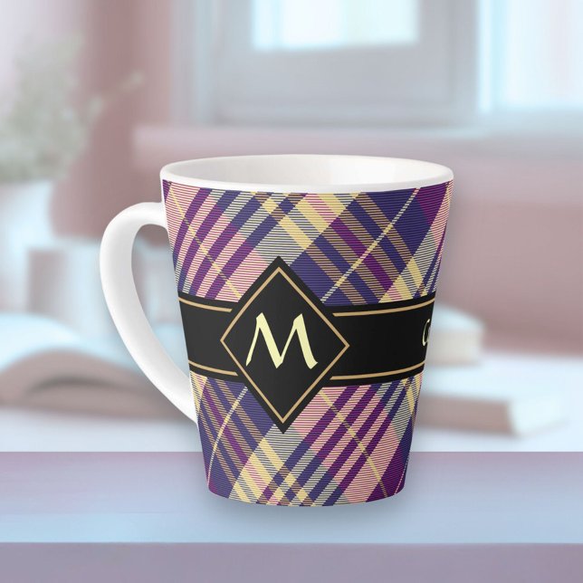 Tasse Latte Tartan mauve, or et bleu (Créateur téléchargé)