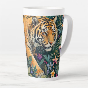 Tasse Latte Tigre aux yeux ambre, feuillage de jungle fantaisi