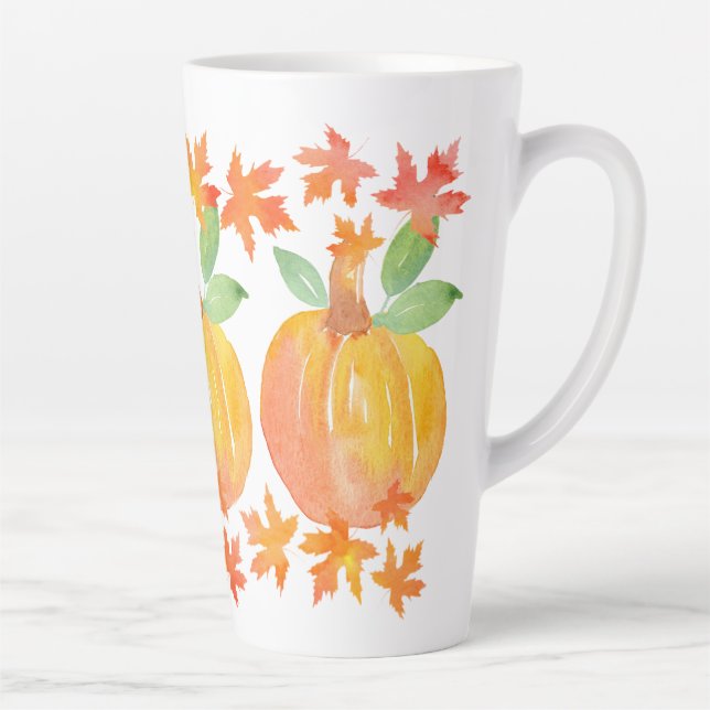 Tasse Latte Trois Citrouilles d'aquarelle et Feuilles d'érable (Droite)