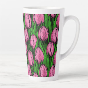 Tasse Latte Tulières roses avec feuilles verts