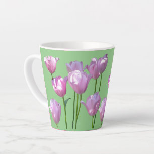 Tasse Latte Tulipes Roses Ensoleillées Poussière. Musique vert