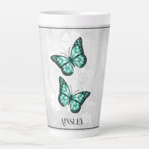 Tasse Latte Turquoise papillon floral latte personnalisée