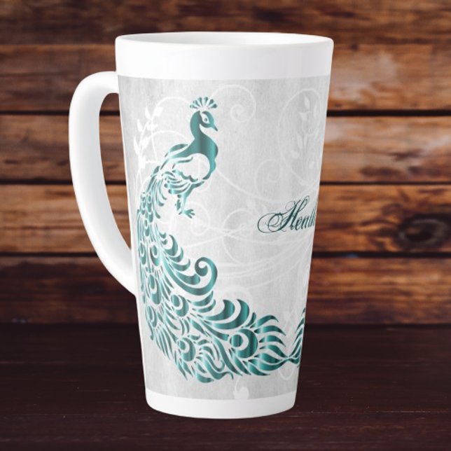 Tasse Latte Turquoise Peacock Bouge Latte Personnalisée (Teal Peacock Personalized Latte Mug)