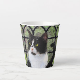 Tasse Latte Tuxedo Chat dans la peinture de fenêtre Art animal