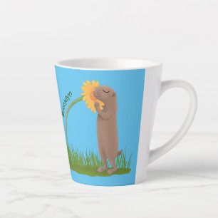 Tasse Latte Un mignon chien de prairie reniflant la caricature