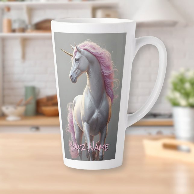 Tasse Latte Unicorne blanche personnalisée avec Mane rose (Personalized White Unicorn with Pink Mane Latte Mug)