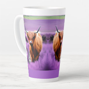 Tasse Latte Vache belle Highland dans le champ Lavender