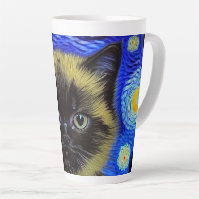 Tasse Latte Van Gogh Starry Nuit Siamese Cat (Angle droit)