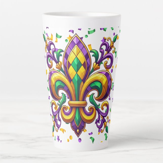 Tasse Latte Vert jaune pourpre Mardi Gras fleur de lis (Devant)