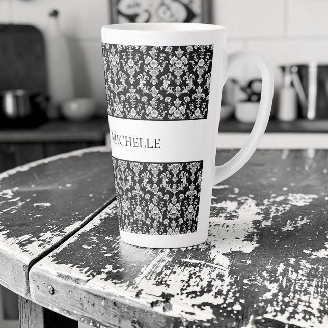 Tasse Latte Victorian Black and White Damask Pattern (Créateur téléchargé)