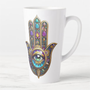 Tasse Latte Violet Or Hamsa en Or avec Troisième Œil de Couleu