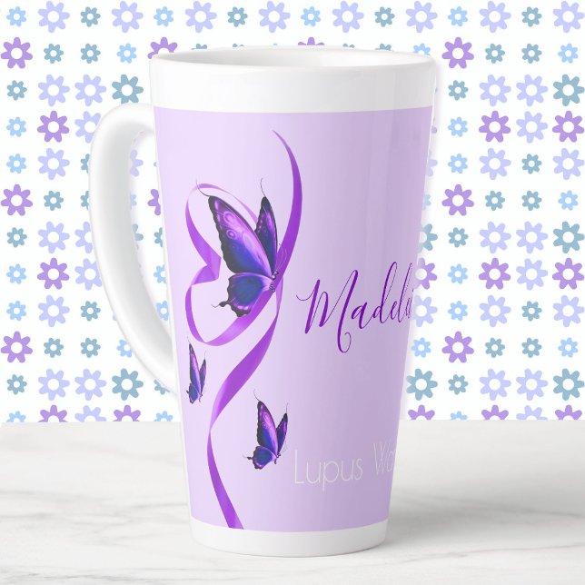 Tasse Latte Votre nom Lupus Warrior Purple Butterfly Ribbon (Créateur téléchargé)