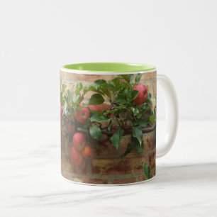 TASSE MIT ÄPFELN, DIE AUF DEM BRICK WALL ESPALIER