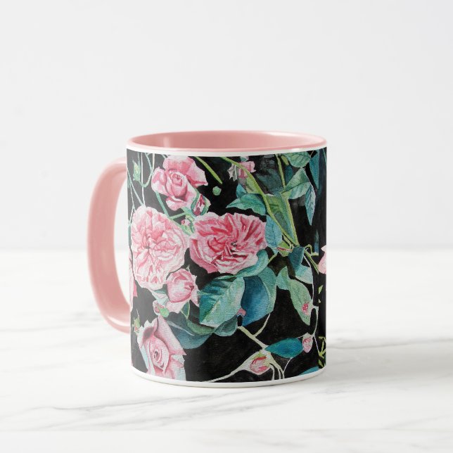 Tasse mit Aquarellmotiv rosa Rose (Vorderseite Links)