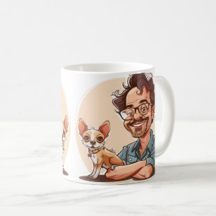 Tasse mit Cartoon-Mann mit Bart und Chihuahua