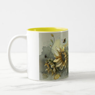 Tasse mit einem Strauß Sonnenblumen und Bienen anz